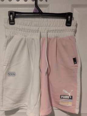 Puma White and Light Pink Colorblock Athletic Shorts